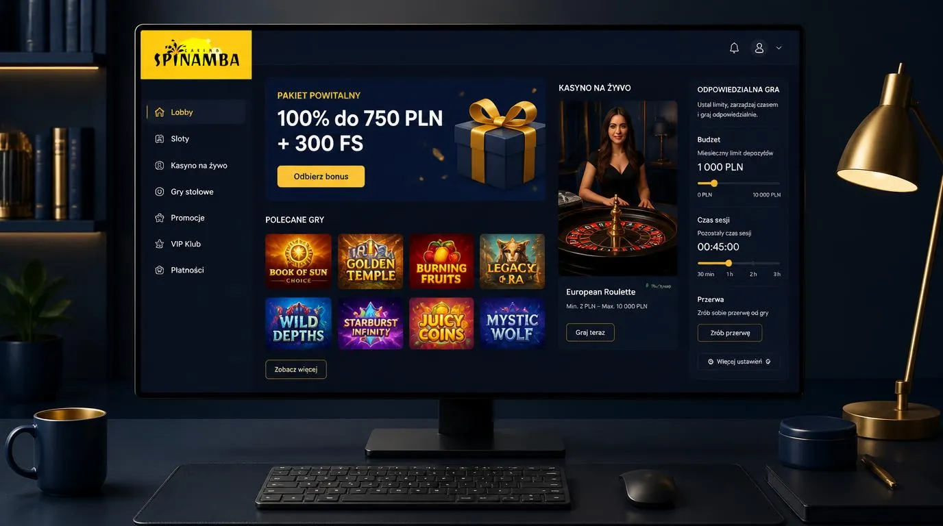 Ekran kasyna z ofertą 100% do 750 PLN i 300 FS, katalogiem gier oraz panelem limitów gry