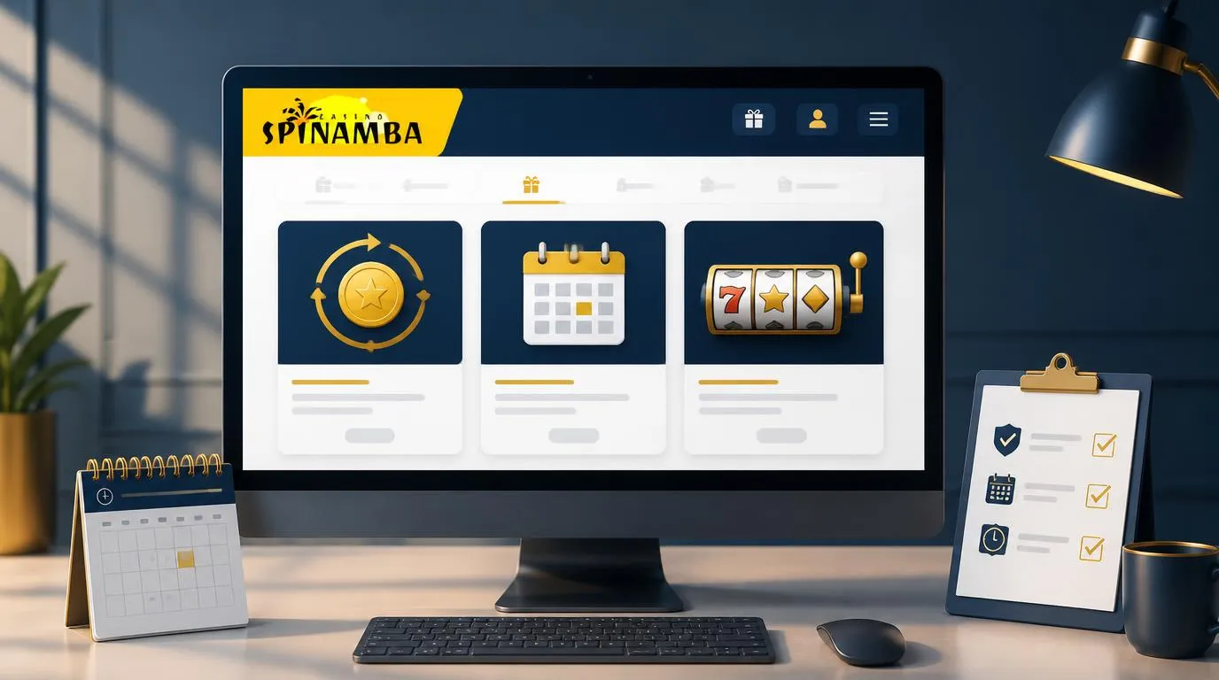 Panel promocji kasyna z kartami cashbacku, nagród tygodniowych i darmowych spinów oraz kalendarzem